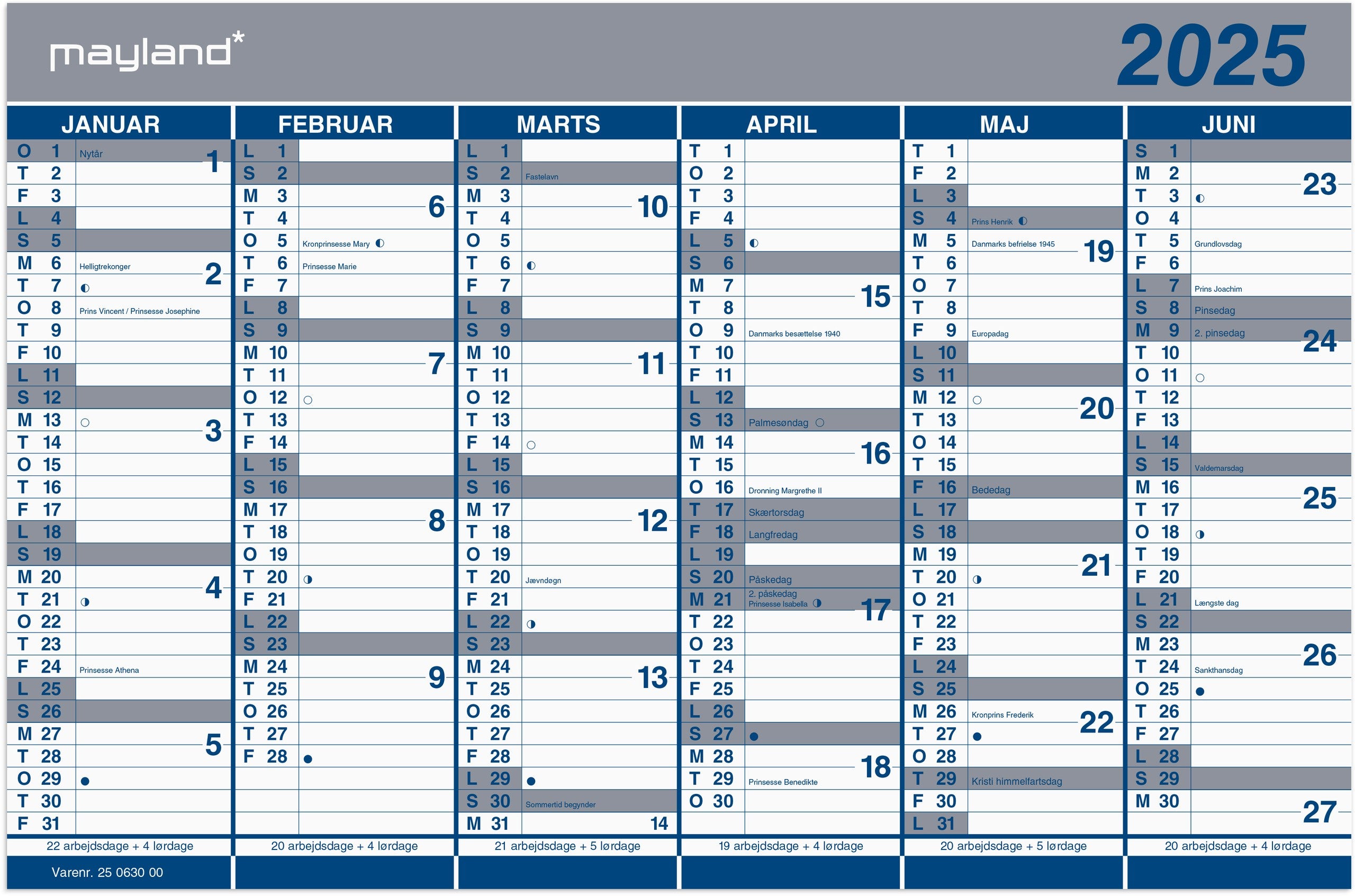 Kontorkalender Dobbelt halvårskalender 2025