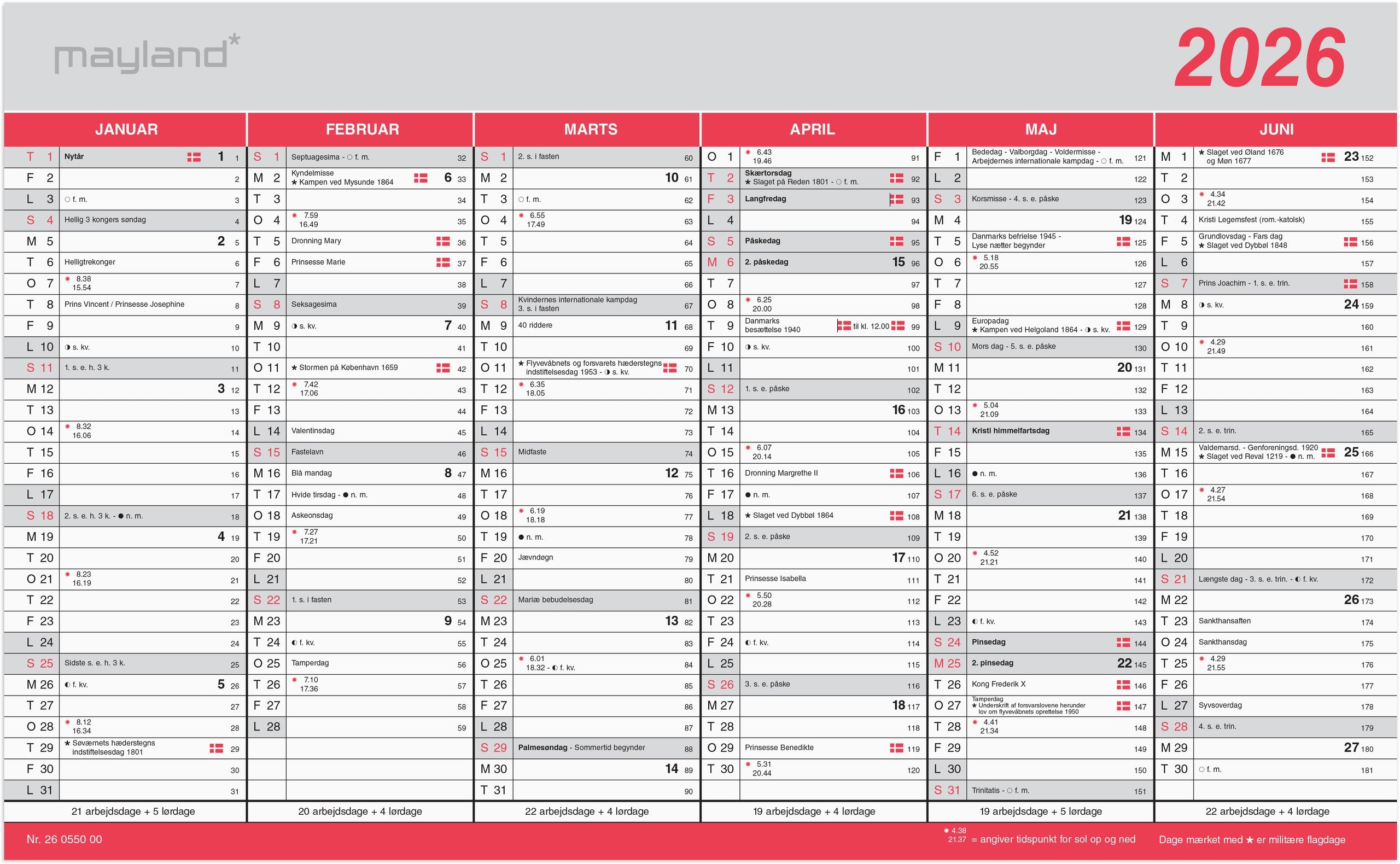 Kontorkalender Stor m/flagdage 2026