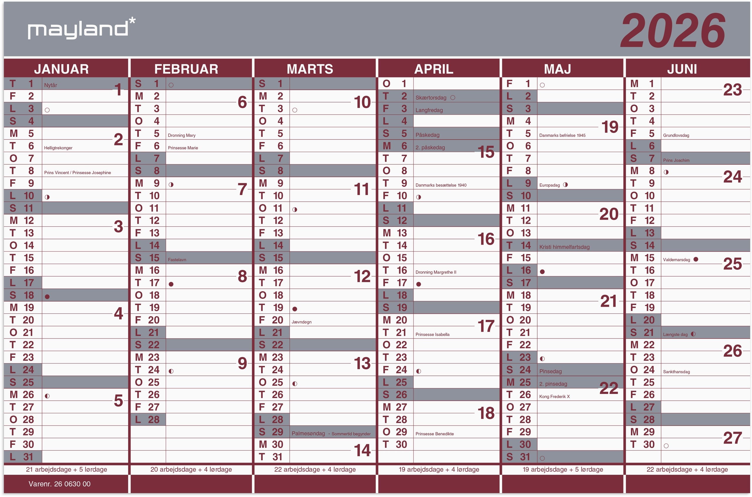 Kontorkalender Dobbelt halvårskalender 2026