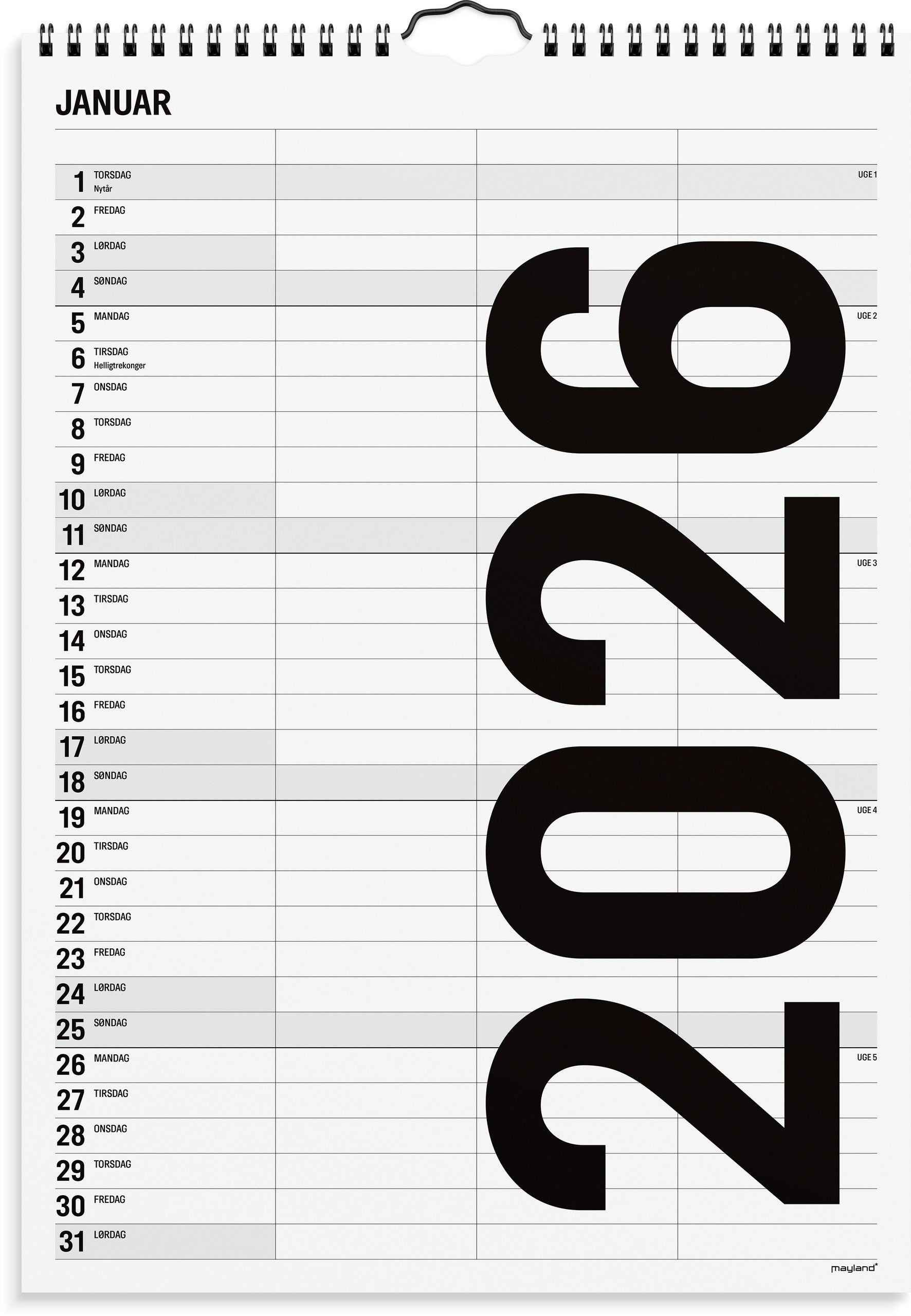 Familiekalender Black and white 3 kol. 2026