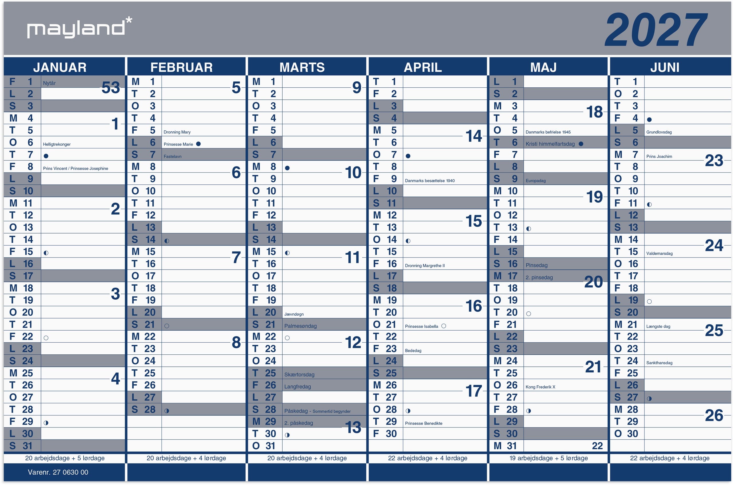 Kontorkalender Dobbelt halvårskalender 2027