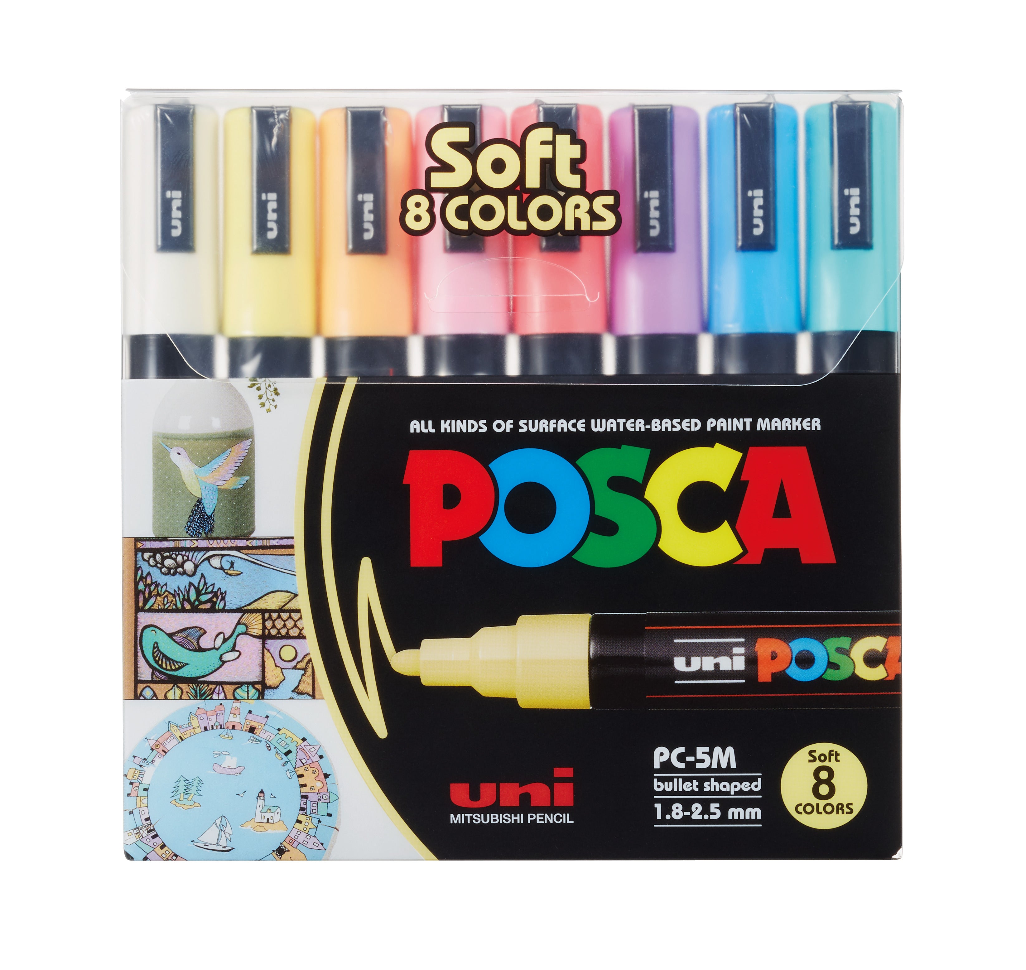 POSCA Tusser Sæt – PC-5M Medium Spids (1,8–2,5 mm) – 8 Vandbaserede Tuscher i Soft Colors
