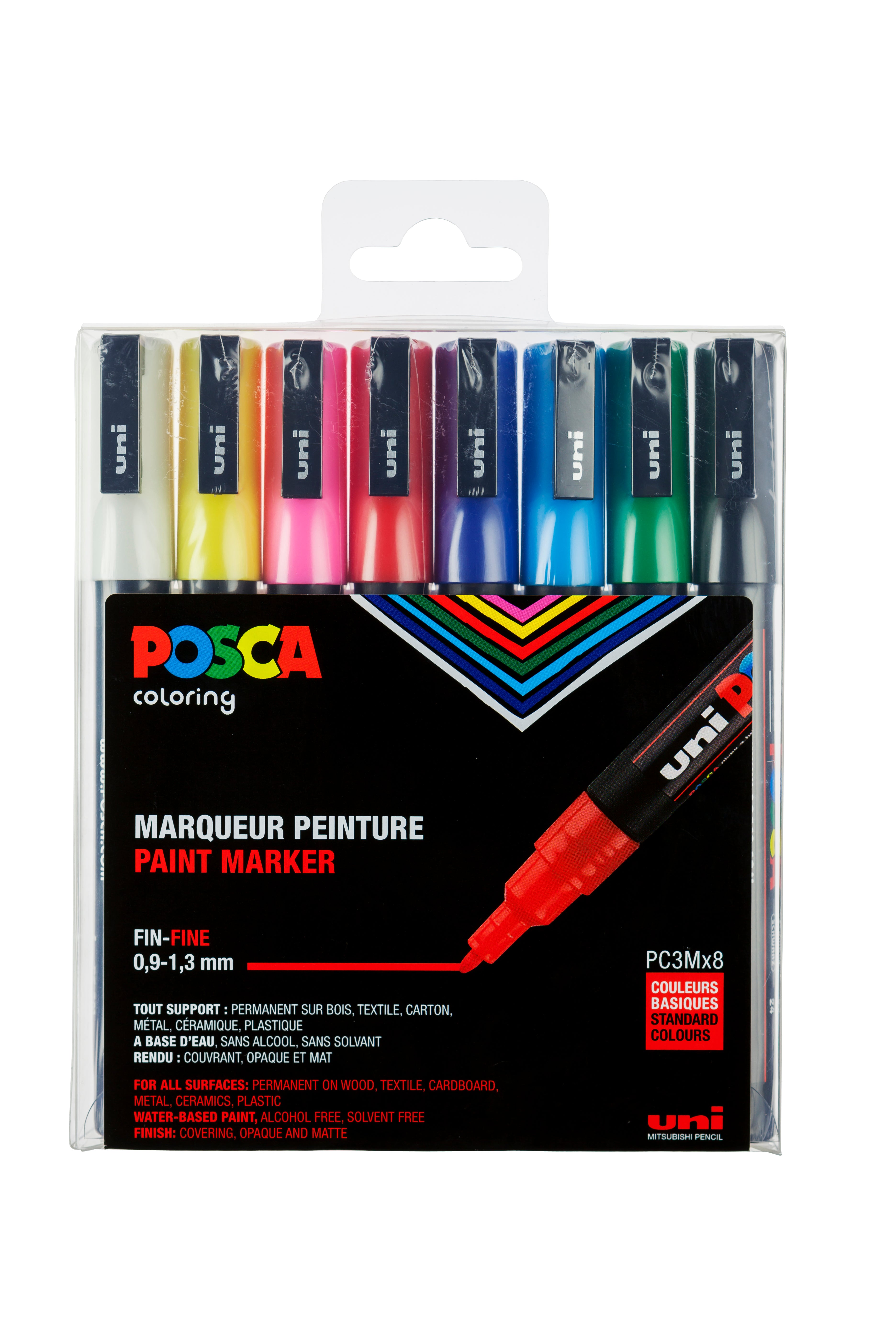 POSCA Tusser Sæt – PC-3M Fin Spids (0,9–1,3 mm) – 8 Vandbaserede Tuscher