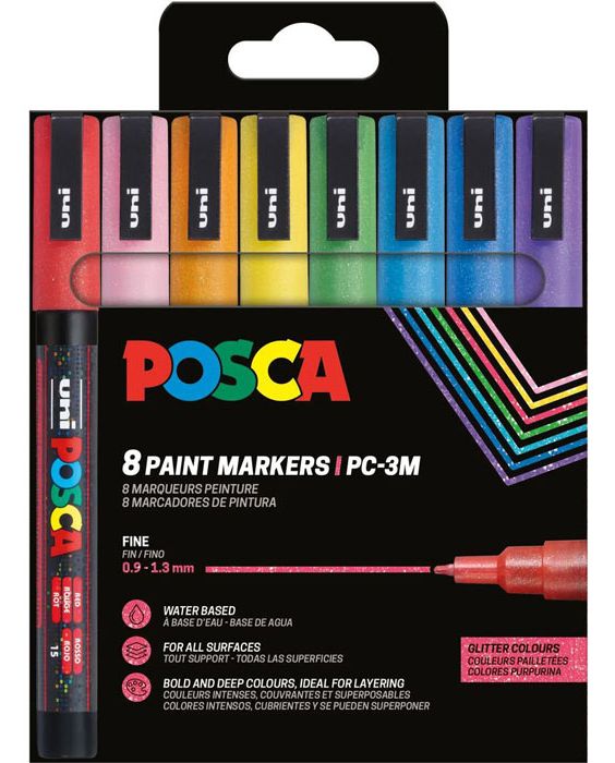 Posca Pen PC3-ML - 0.9 - 1.3 mm - sæt med 8 stk Glitter.