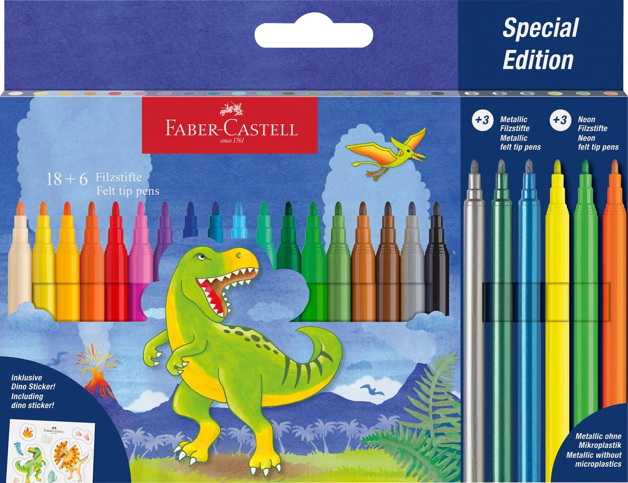 Faber-Castell - Tusser Dinosaur+Sticker 18+3 metallic+3neon