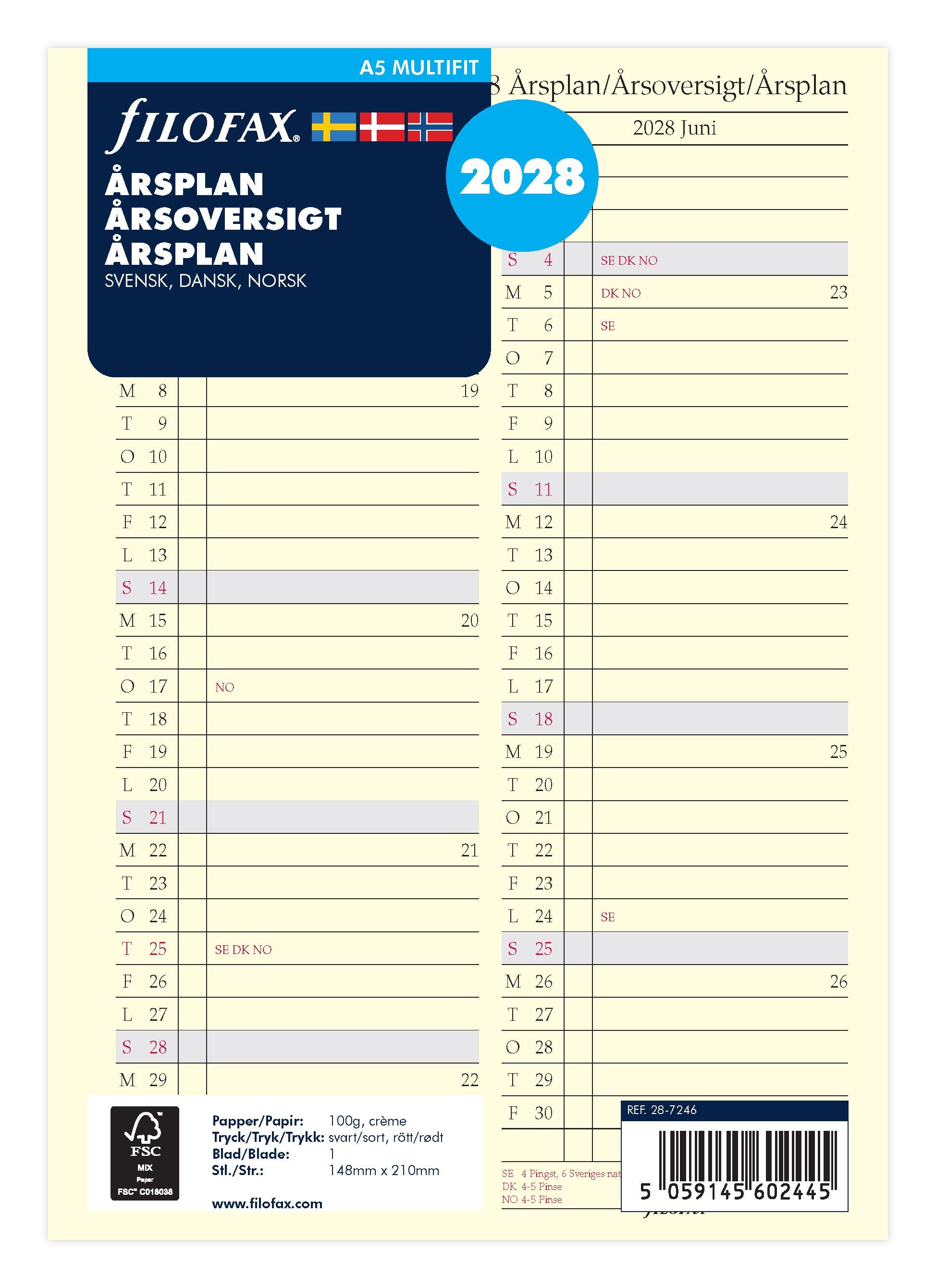 Filofax - Årsoversigt A5 2028 Svensk/Dansk/Norsk