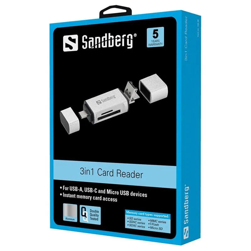 Sandberg - SD / MicroSD Kortlæser - USB-A / USB-C / MicroUSB - Sølv