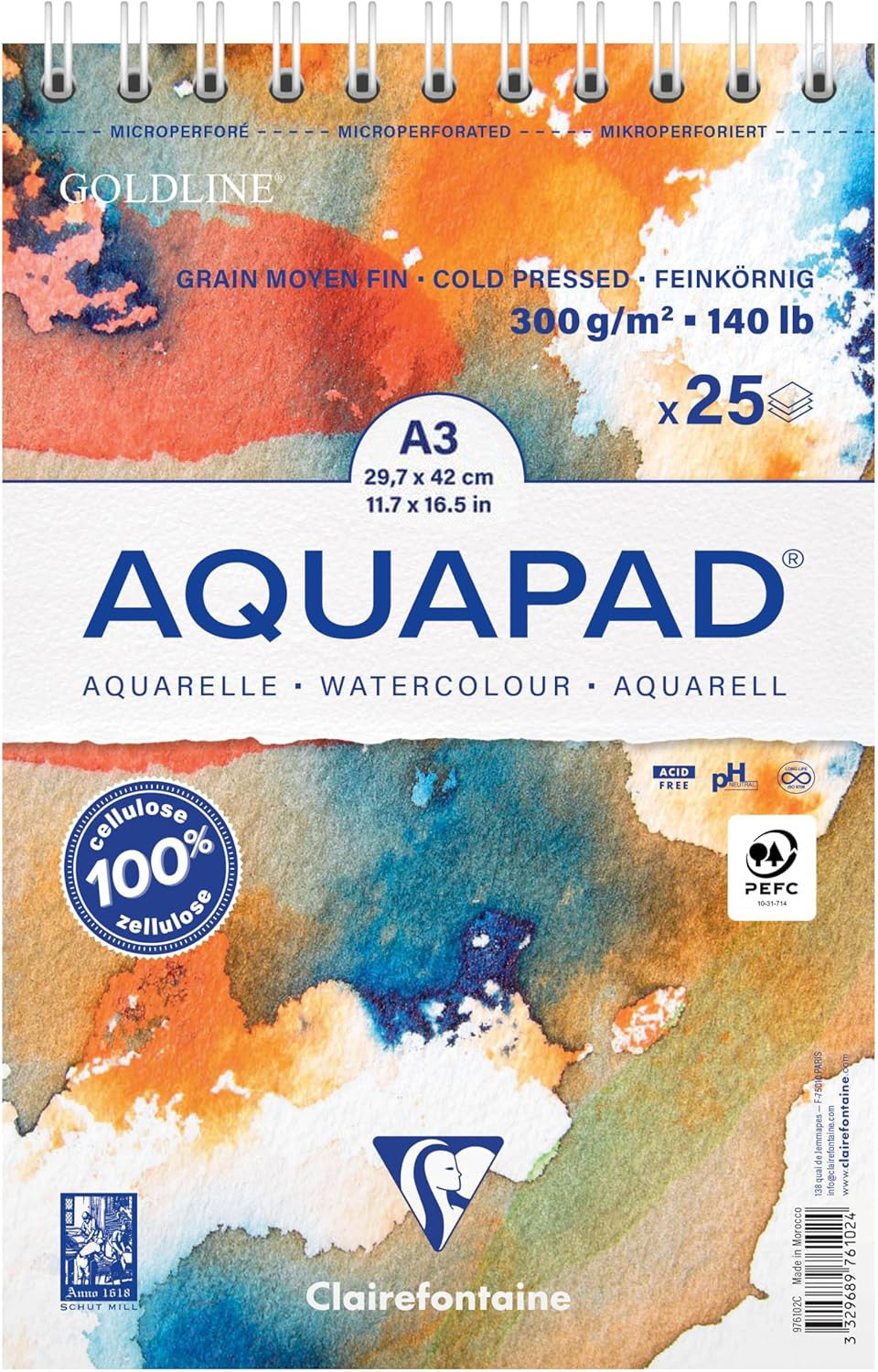 Clairefontaine Aquapad, A3, 25 ark, 300g