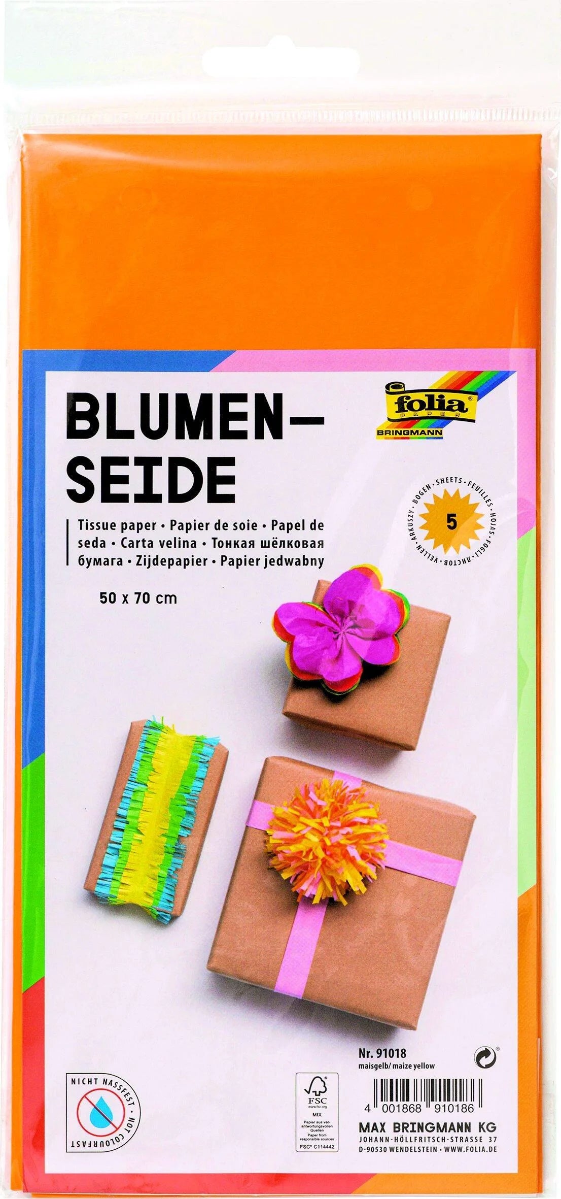 Silkepapir Orange 5 ark 50x70cm 20g. fv. 40