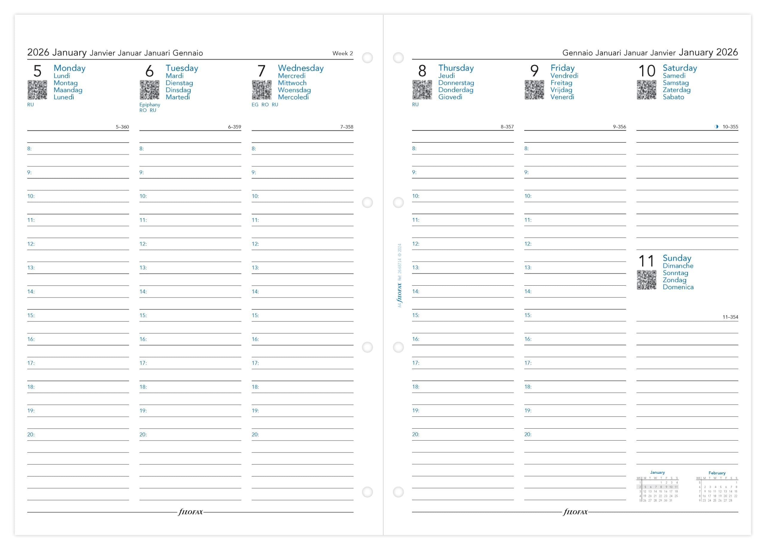Filofax - Dagbog A4 2026 Uge Per Opslag Flersproget Hvid