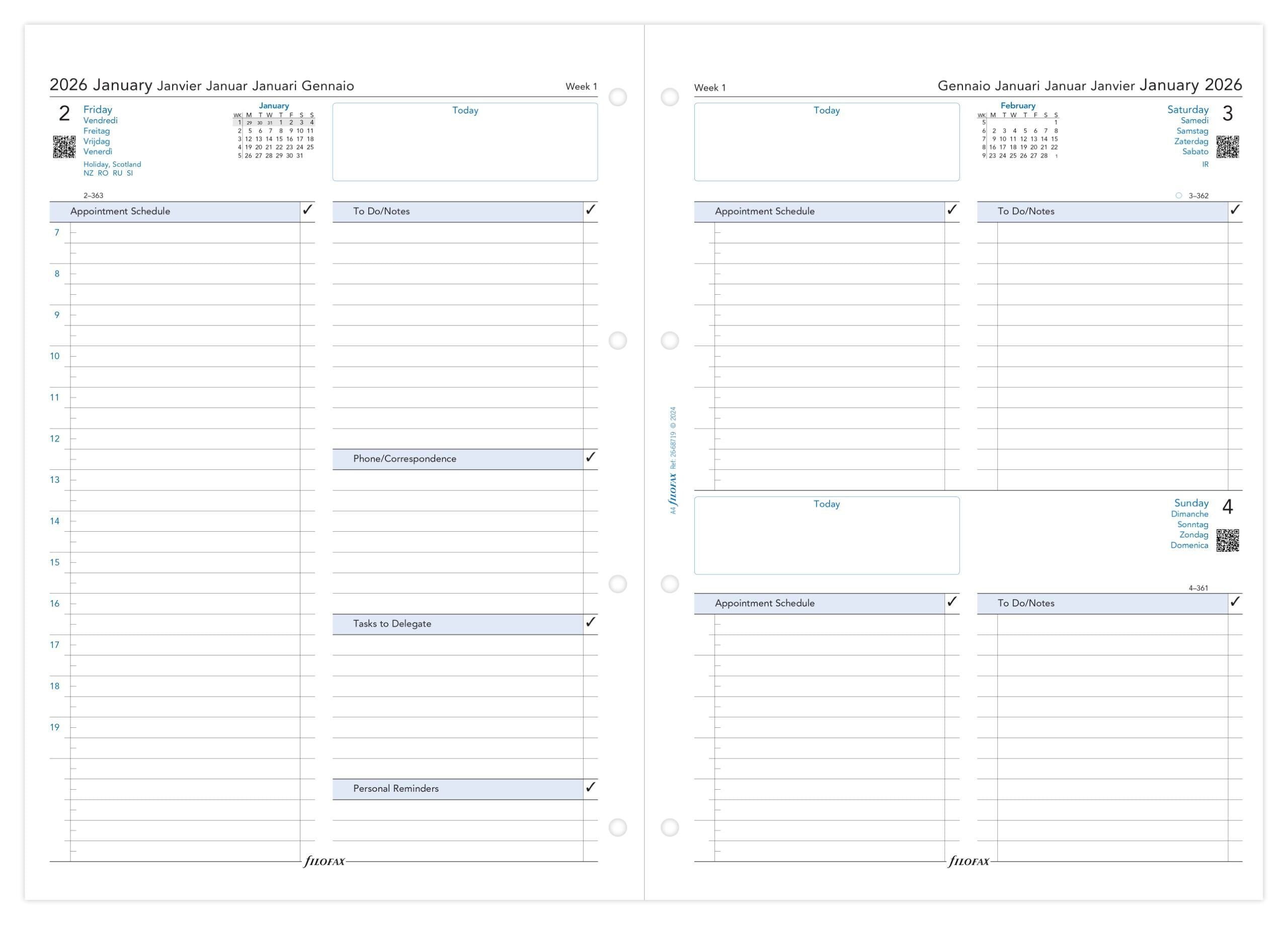 Filofax - Dagbog A4 2026 Dag Per Siden Flersproget Hvid