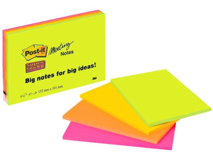 Notesblok Post-it Mødenotes 152x101mm 45 blad 4 blokke