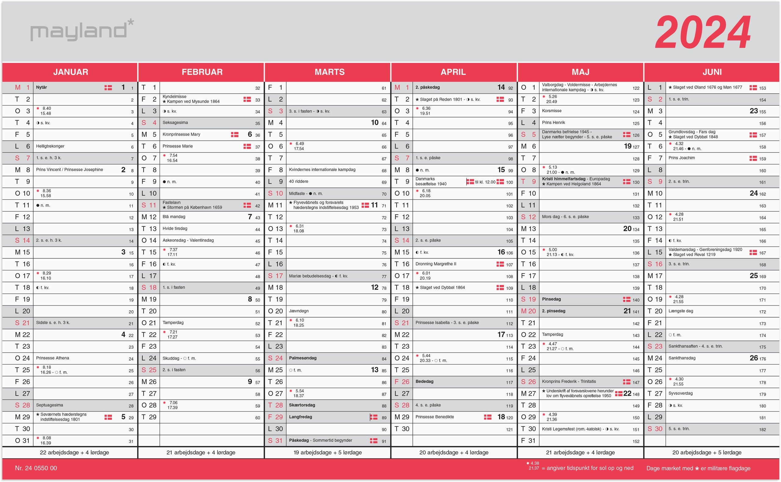 Kontorkalender Stor m/flagdage 2024