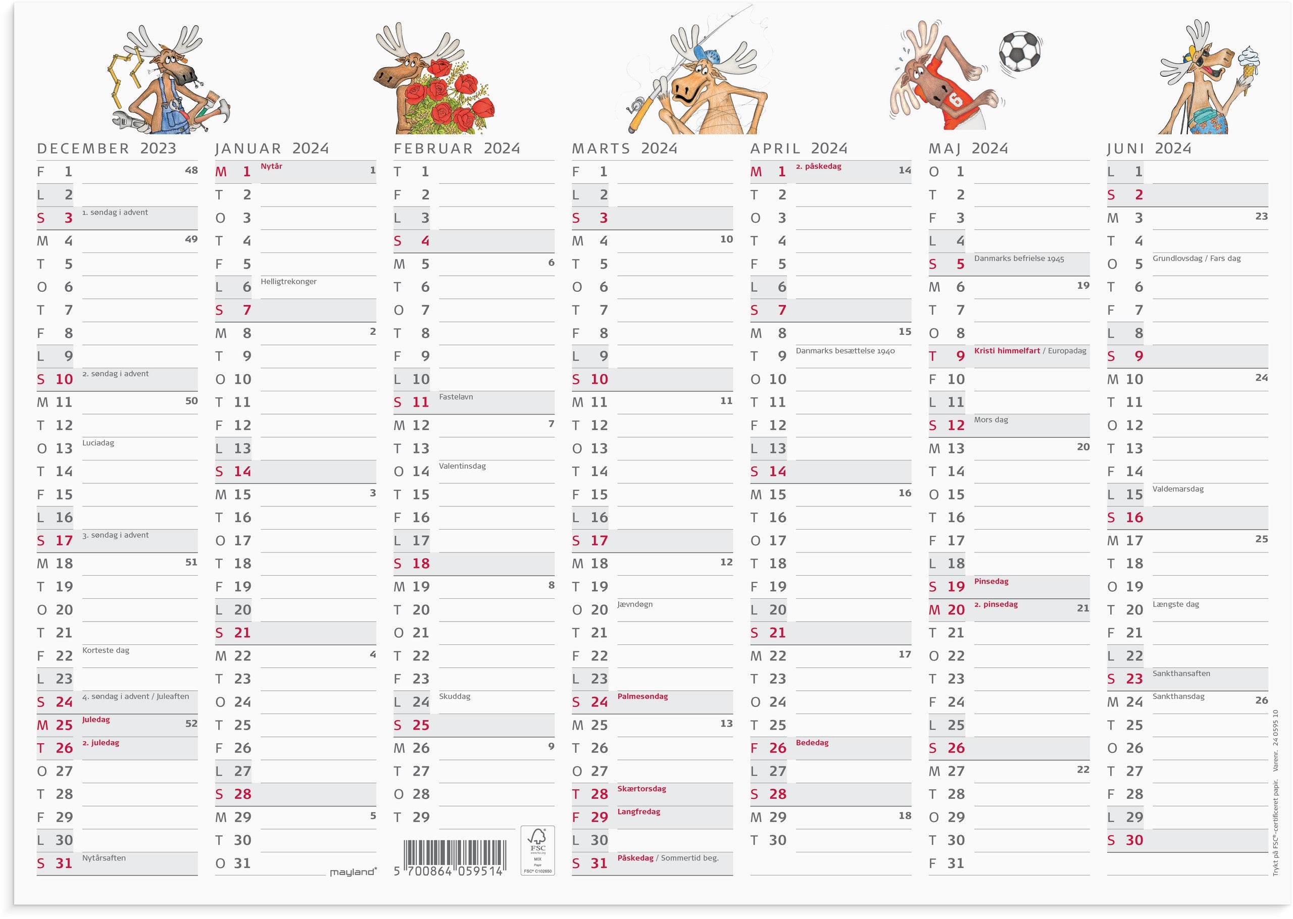 Kontorkalender Humør-Elg A4 14 mdr. 2024