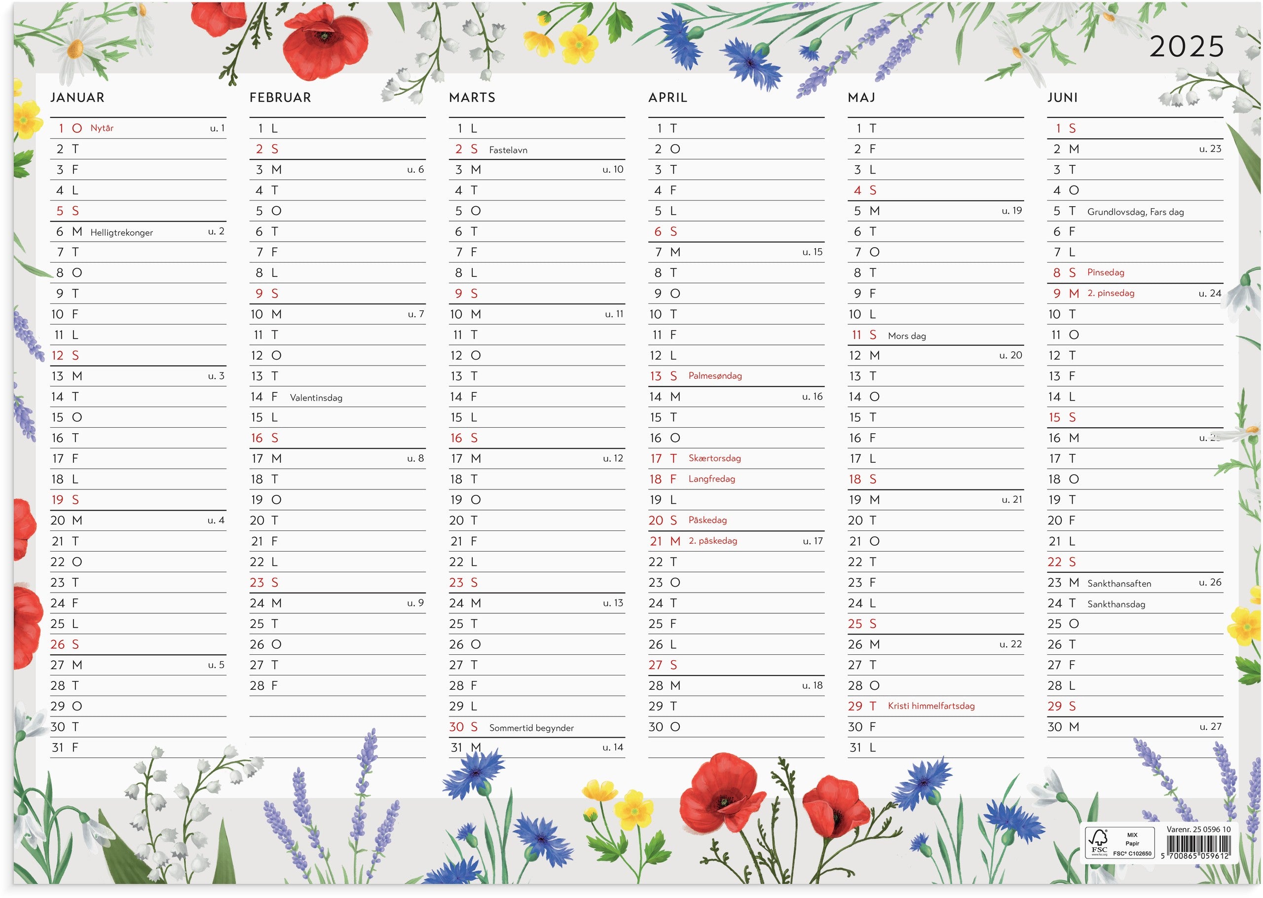 Vægkalender Blomster A3 2025