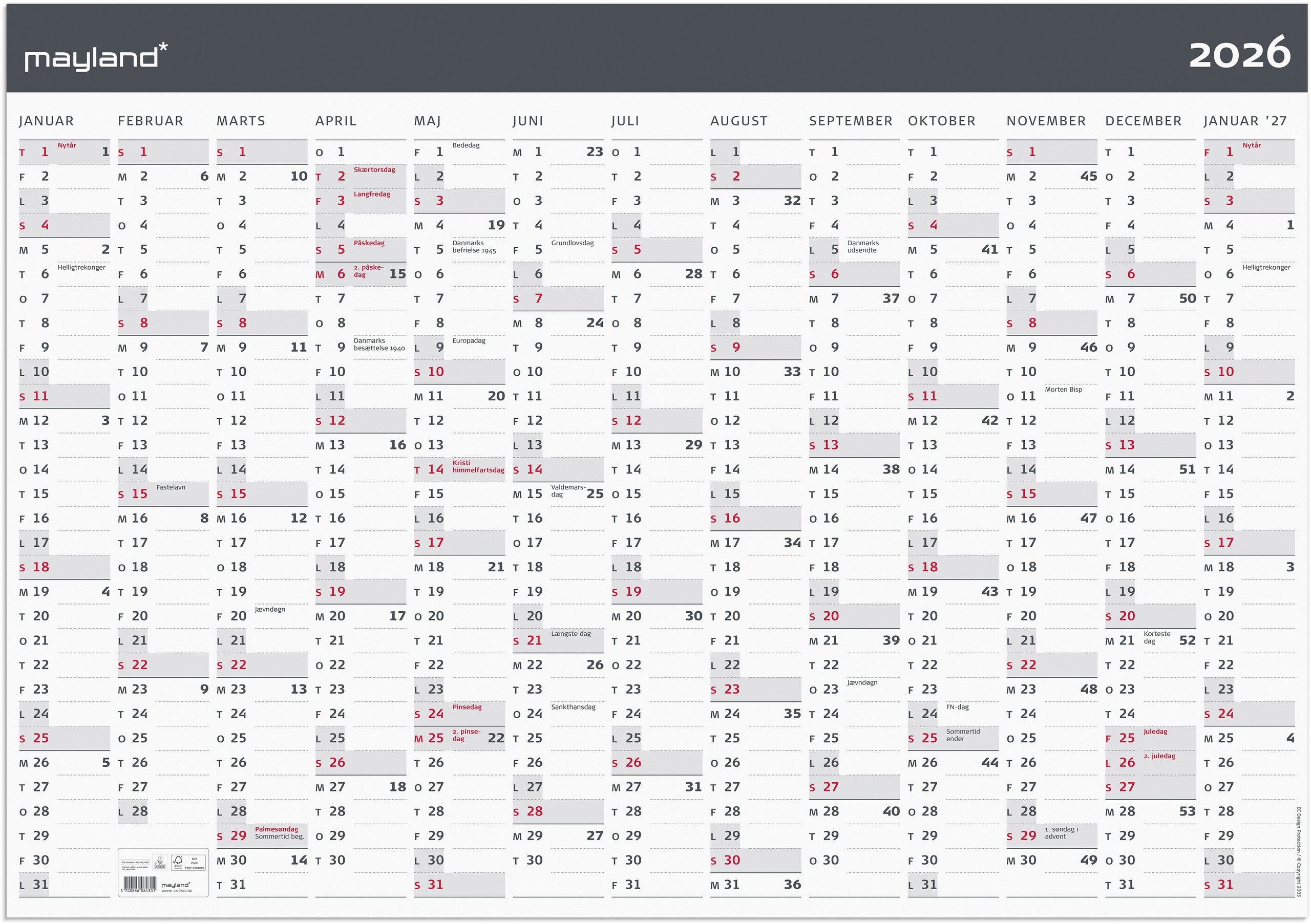 Kæmpekalender Moderne 1x13 mdr. papir rør 2026