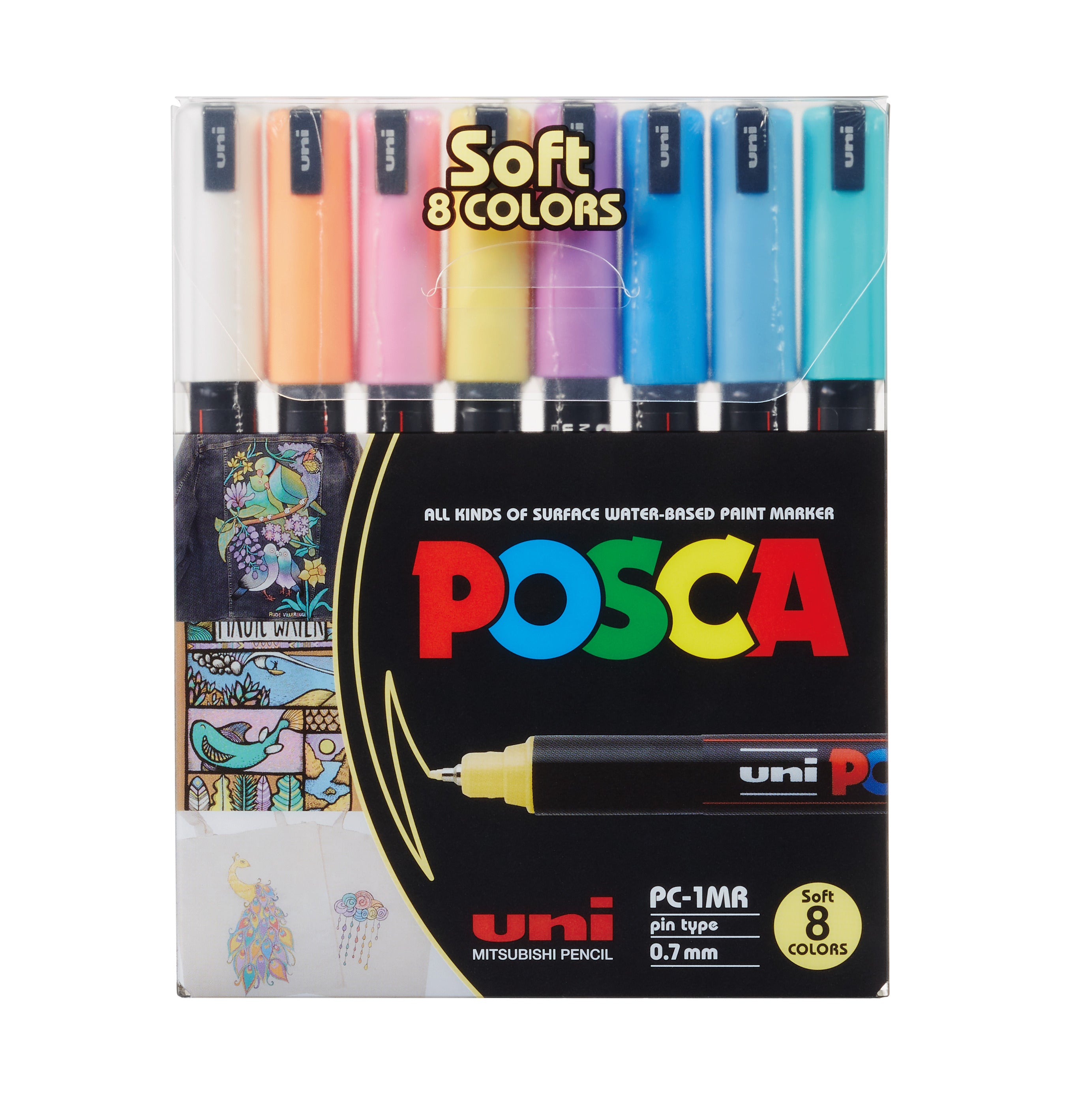 POSCA Tusser Sæt – PC-1MR Ekstra Fin Nålespids (0,7 mm) – 8 Vandbaserede Tuscher i Soft Colors