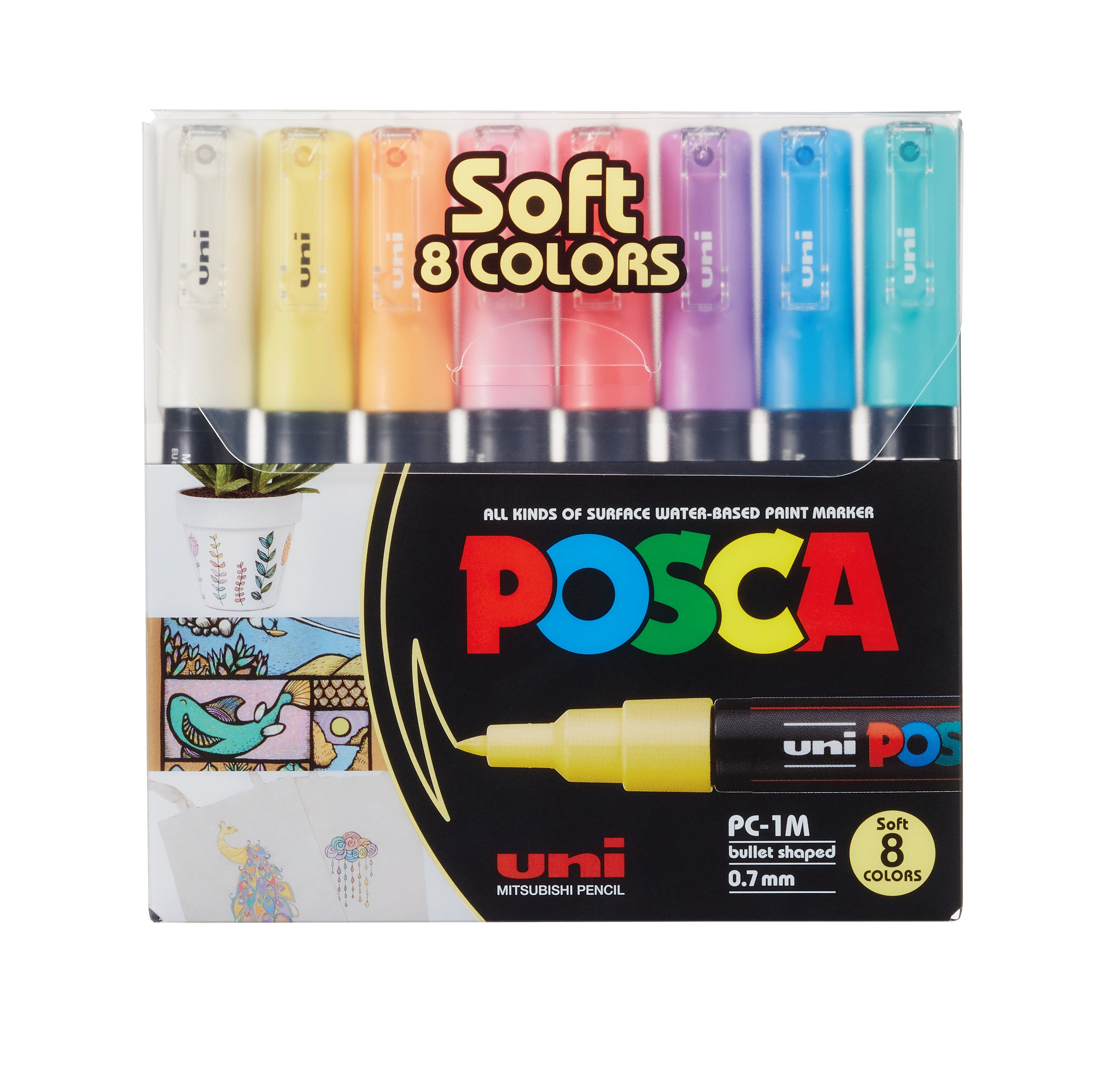 POSCA Tusser Sæt – PC-1M Ekstra Fin Spids (0,7 mm) – 8 Vandbaserede Tuscher i Soft Colors