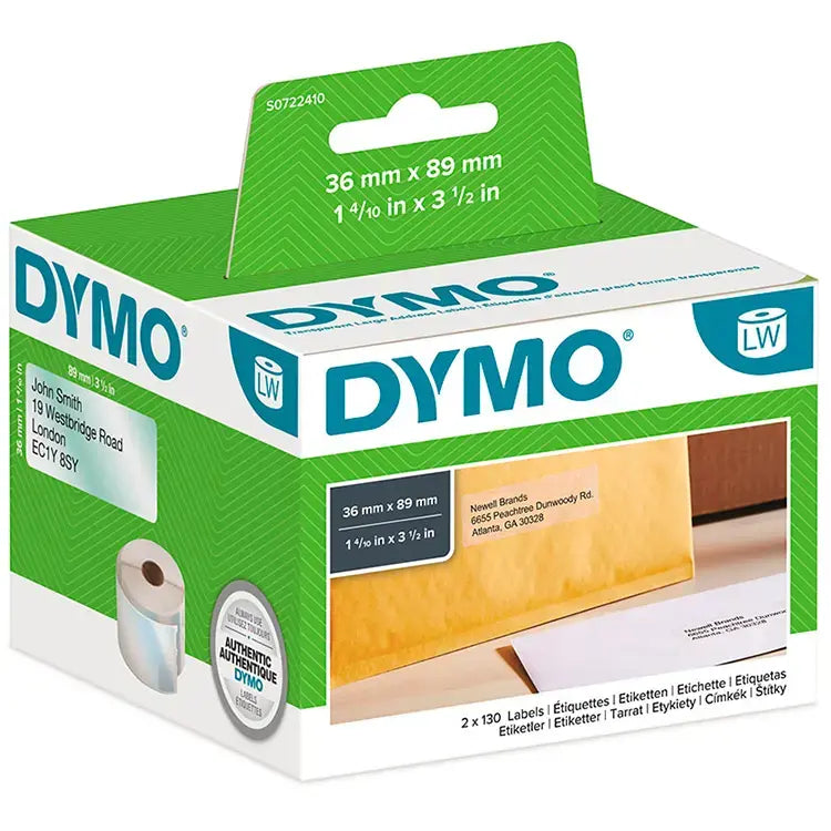 Dymo Label Writer Multi etiket(99013) 36 x 89 mm. Transparent, Sort på klar(260 stk)