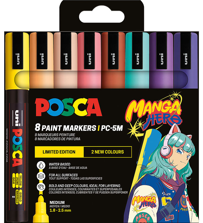Posca - Akrylmarker Sæt – PC-5M Medium Spids (1,8–2,5 mm) Pastel Manga Hero – 8 Vandbaserede Tuscher