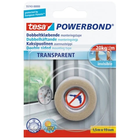Tesa, Dobbeltklæbende monteringstape, Powerbond, 19 mm x 1,5 m