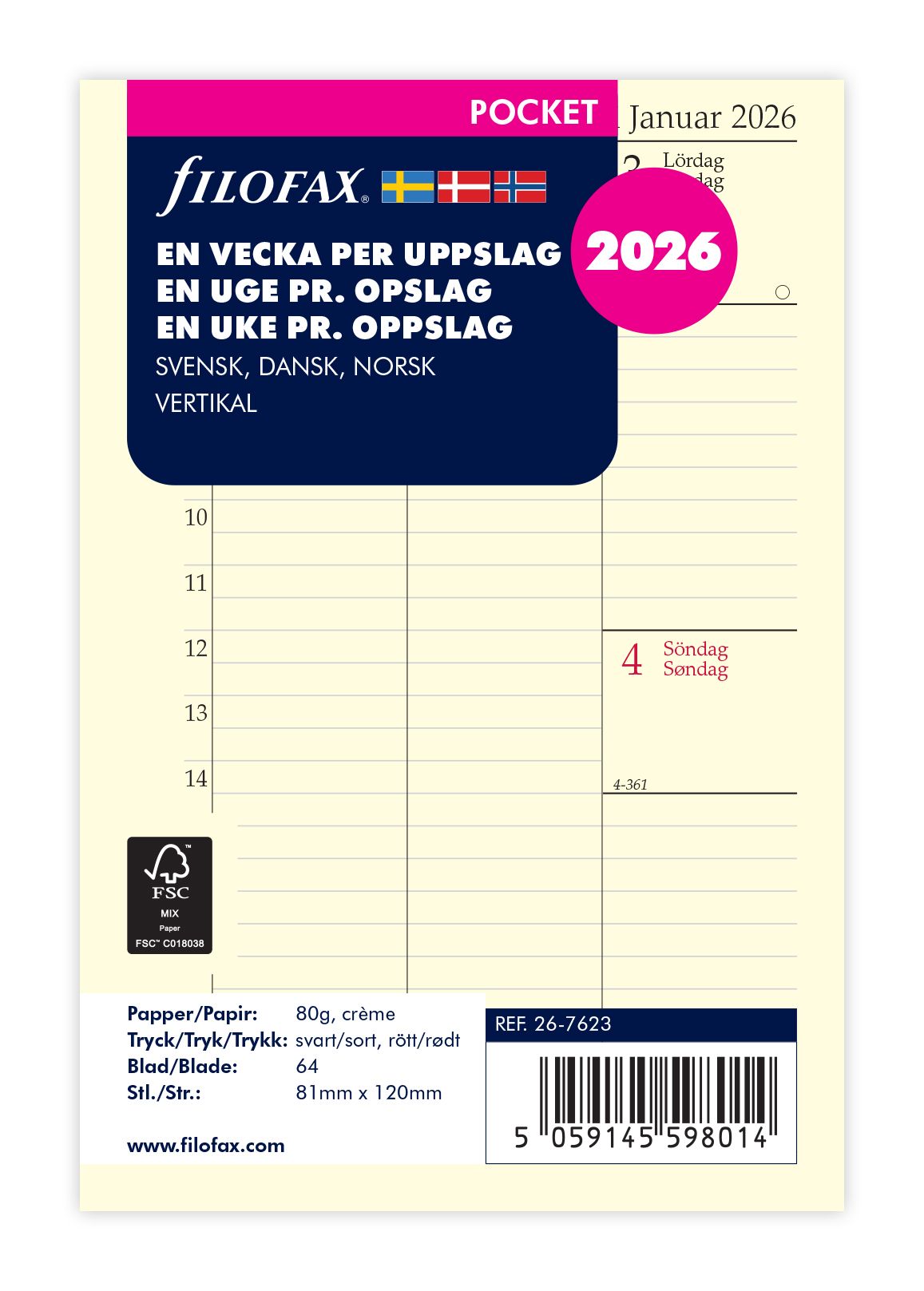 Filofax - Refill Pocket 2026 Uge Per Opslag Vertikal Svensk/Dansk/Norsk