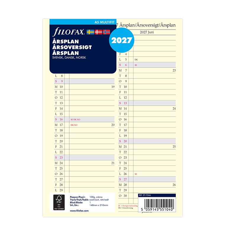Filofax - Årsplan A5 2027 Svensk/Dansk/Norsk