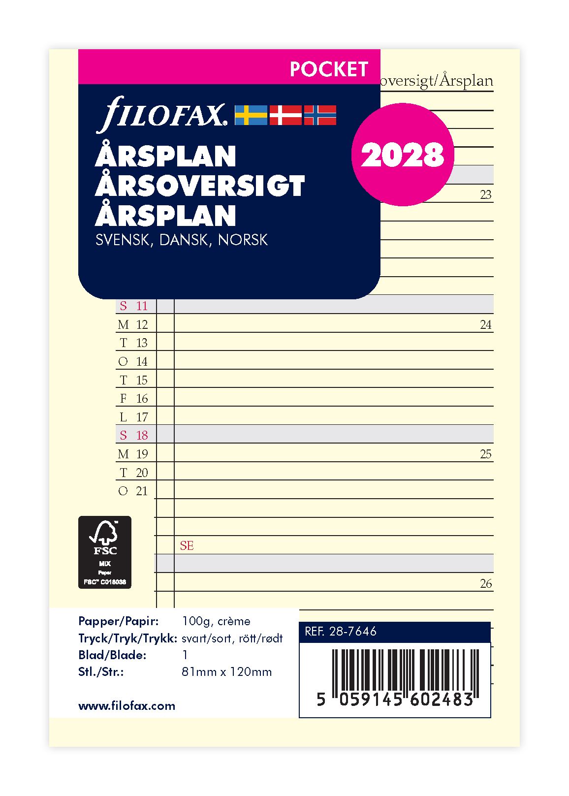 Filofax - Årsoversigt Pocket 2028 Svensk/Dansk/Norsk