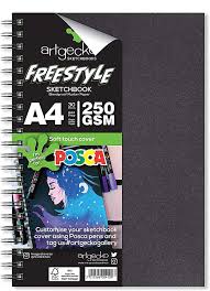 Artgecko Sketchbook, Sort omslag, spiralryg A4, 30ark, 250g