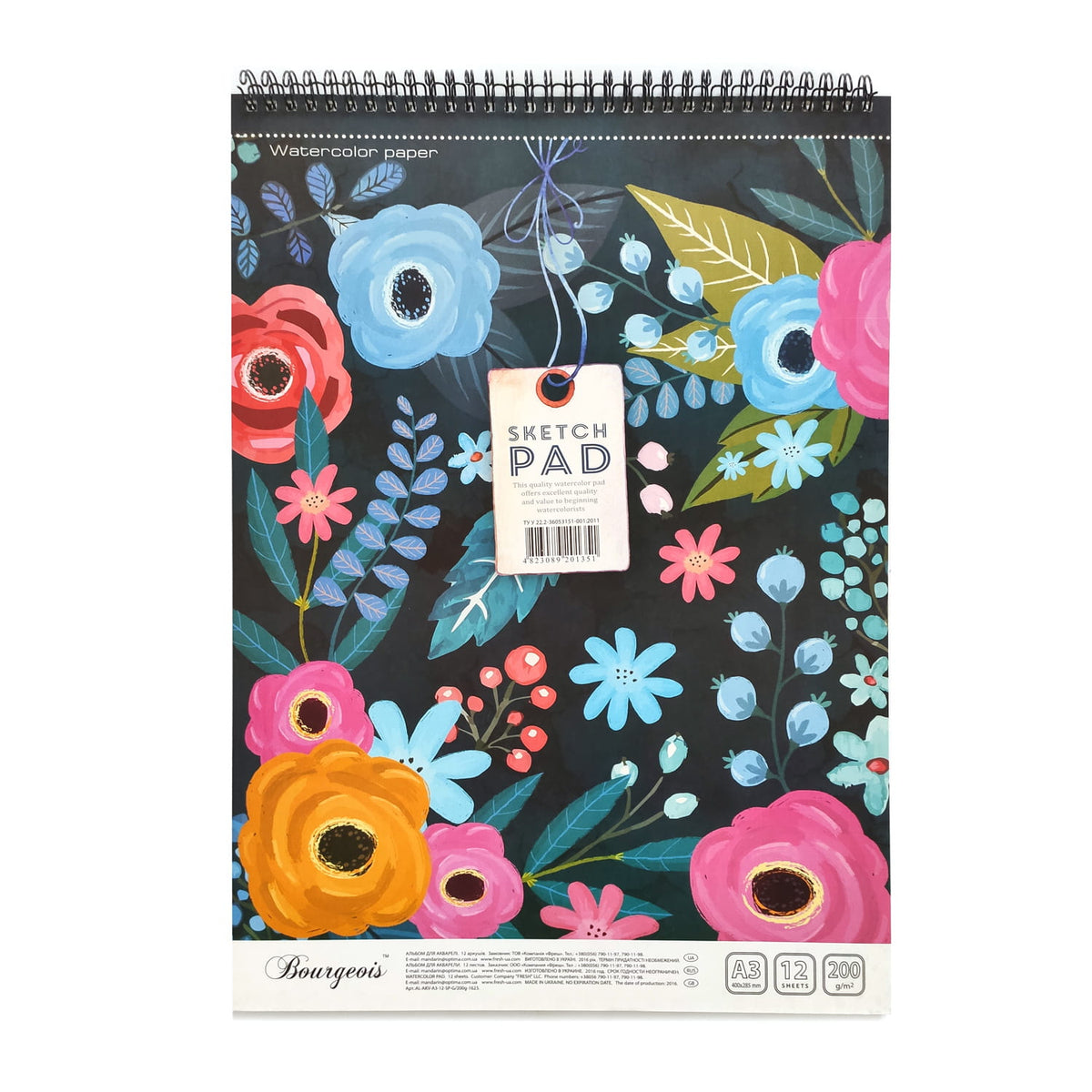Watercolor Sketch Pad, Mørkt blomstermotiv, A3, 12 ark, 200g