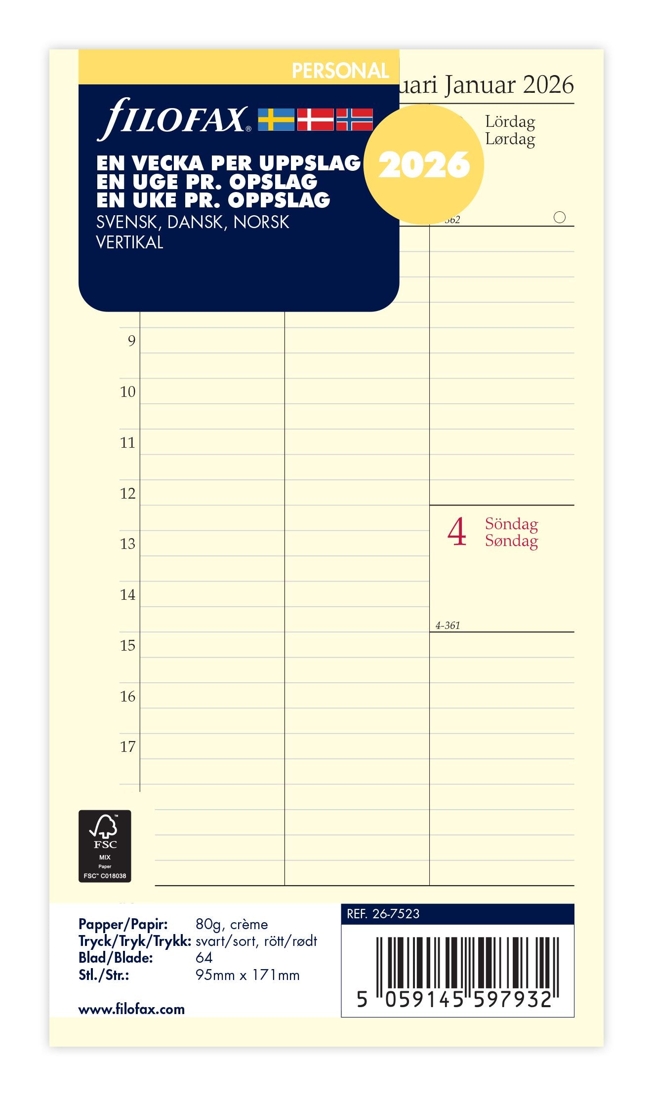 Filofax - Refill Personal 2026 Uge Per Opslag Vertikal Svensk/Dansk/Norsk