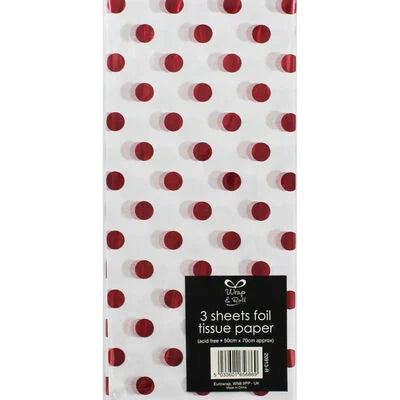 Silkepapir hvid med røde prikker 3 ark 50x70cm 20g.