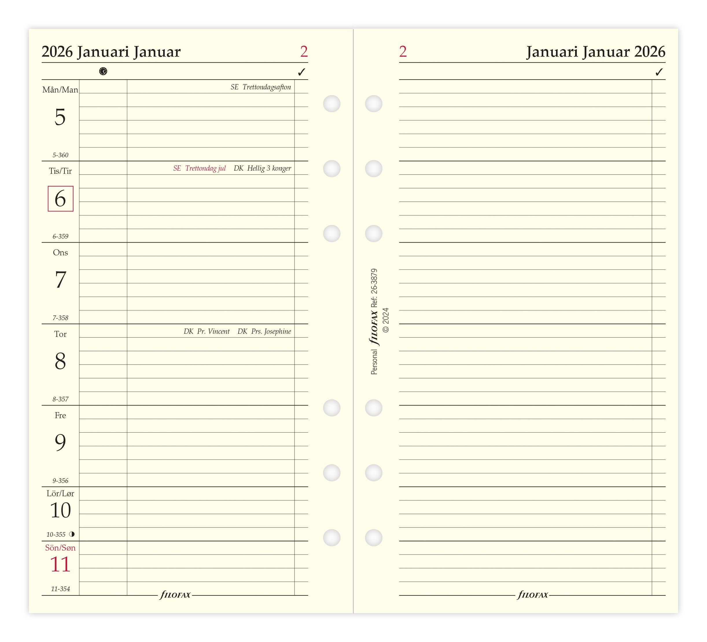 Filofax - Refill Personal 2026 Uge Per Siden + Notat Svensk/Dansk/Norsk
