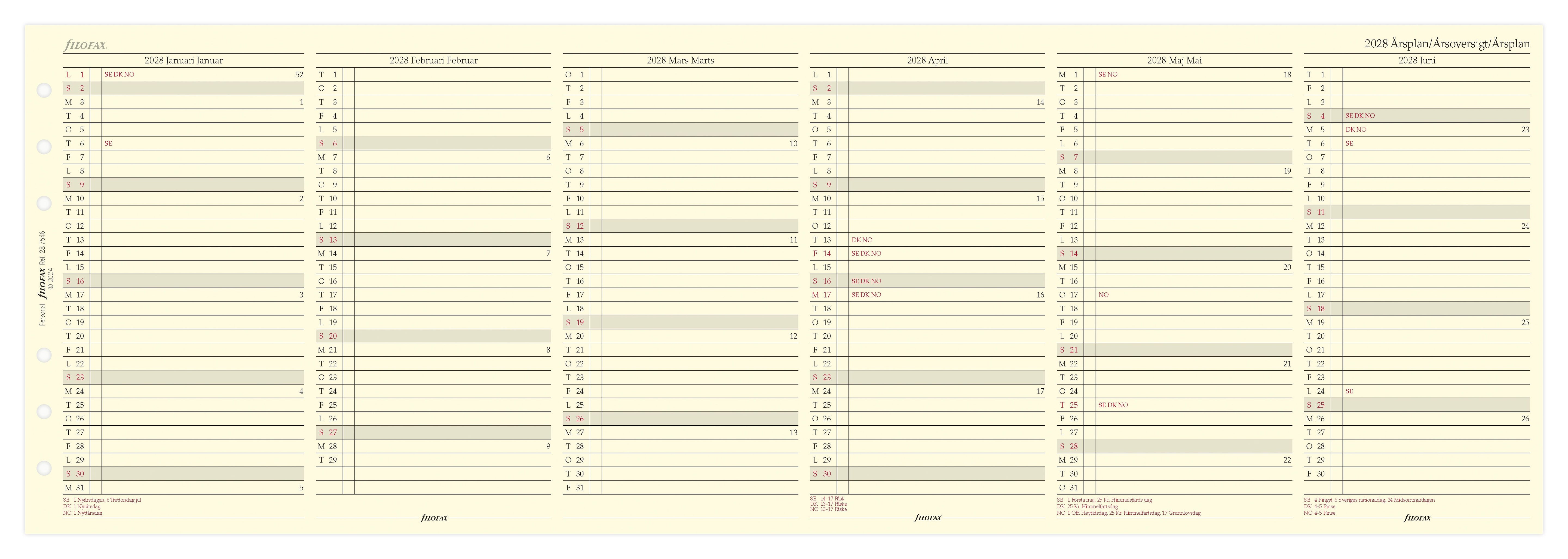 Filofax - Årsoversigt Personal 2028 Svensk/Dansk/Norsk