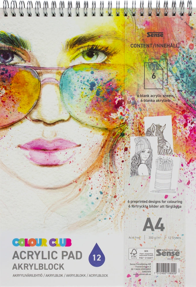 Sense Colour Club Acrylic Pad, A4, 12ark, 300g