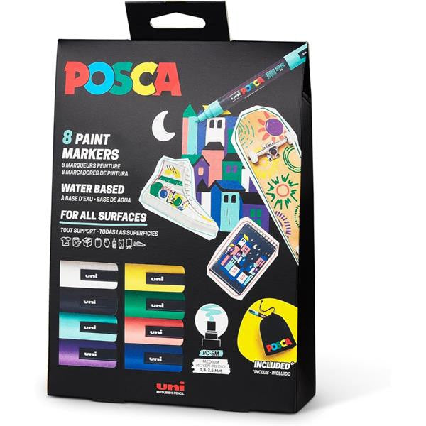 Posca - Akrylmarker Sæt – PC-5M (1,8-2,5 mm) – 8 Vandbaserede Tuscher Med en pose inkluderet