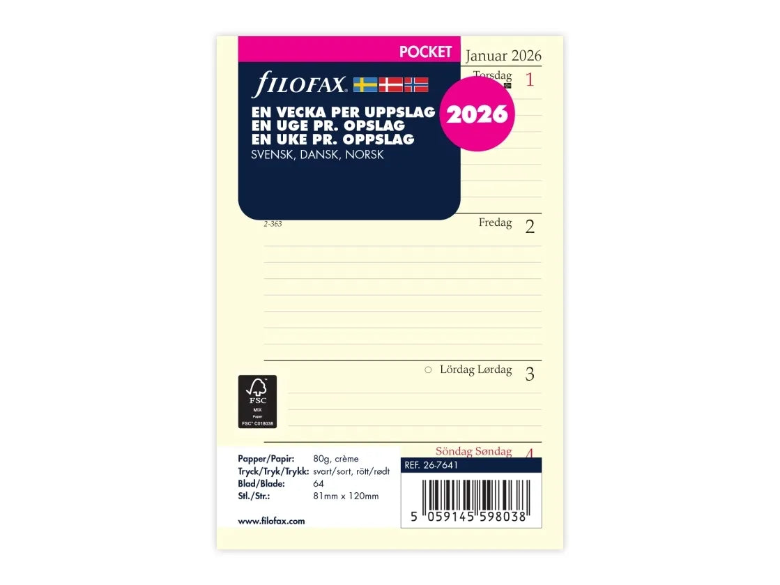 Filofax - Refill Pocket 2026 Uge Per Opslag Svensk/Dansk/Norsk