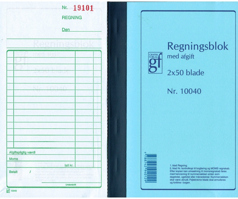 Regningsblok med kopi 2x50 bl. 108x200mm. nr. 10040.