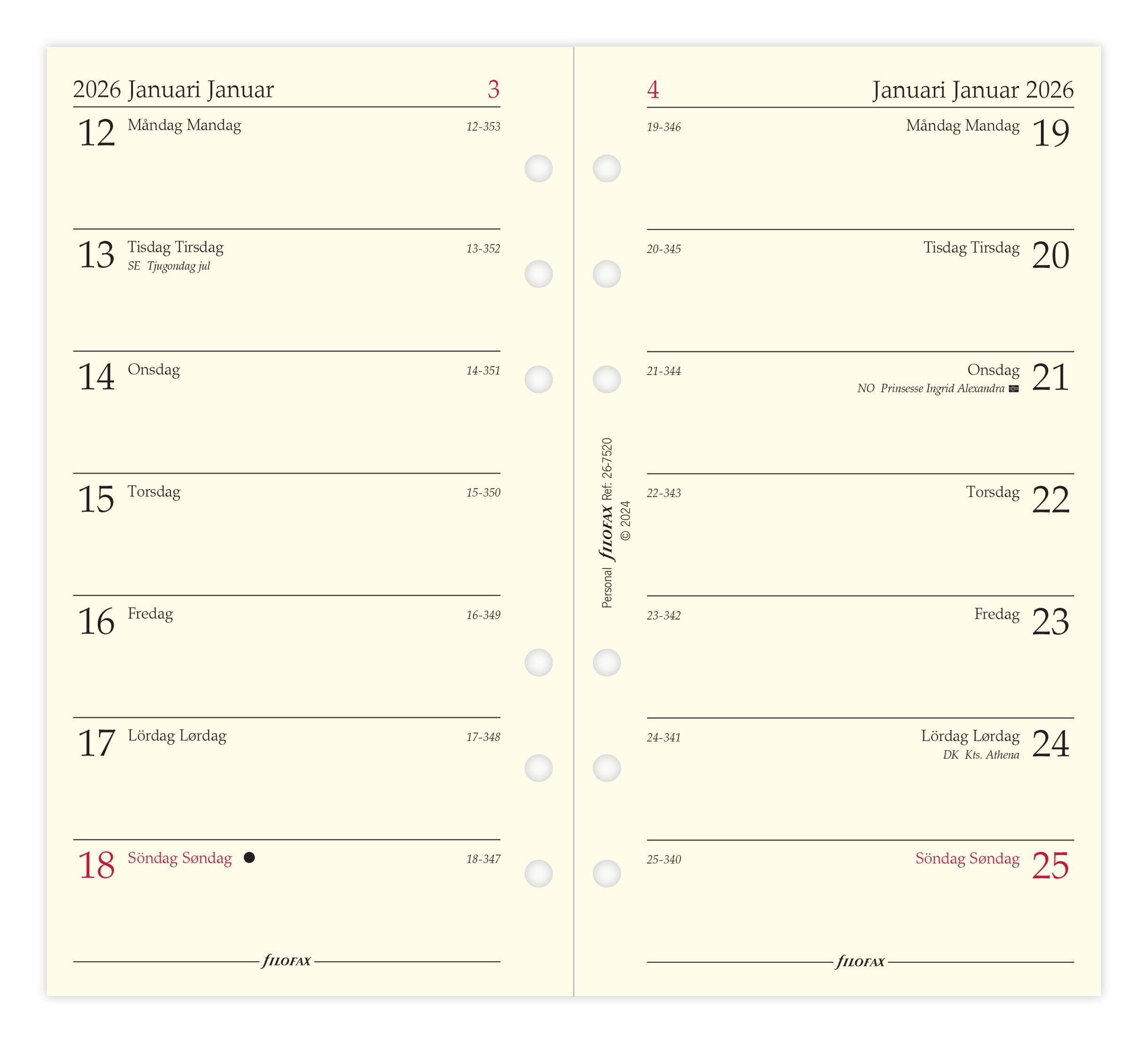 Filofax - Refill Personal 2026 Uge Per Siden Svensk/Dansk/Norsk