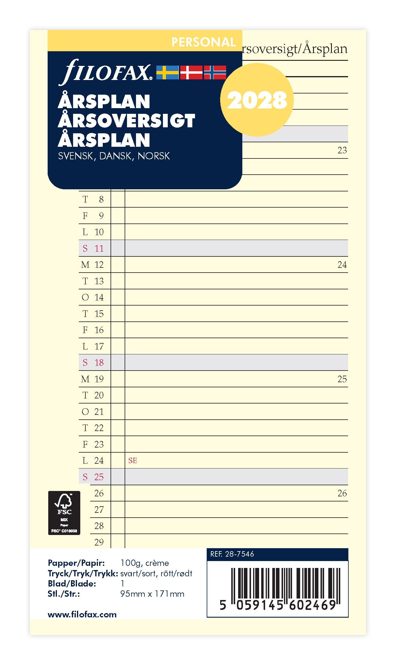 Filofax - Årsoversigt Personal 2028 Svensk/Dansk/Norsk