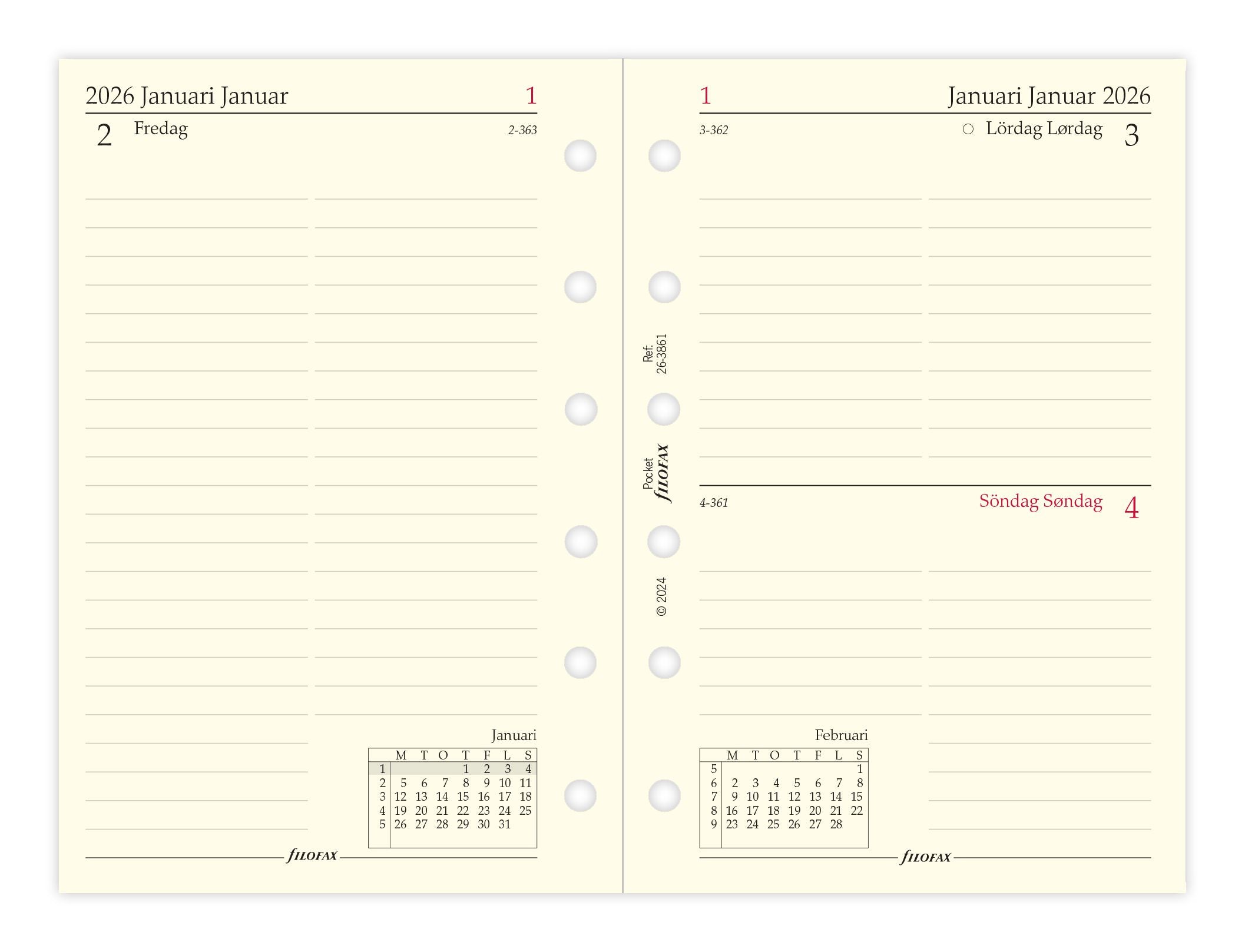 Filofax - Refill Pocket 2026 Dag Per Siden Svensk/Dansk/Norsk