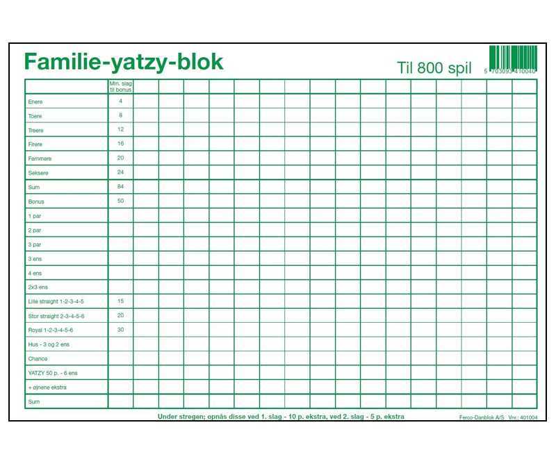 Yatzy blok A4 familie-yatzy 6 terninger