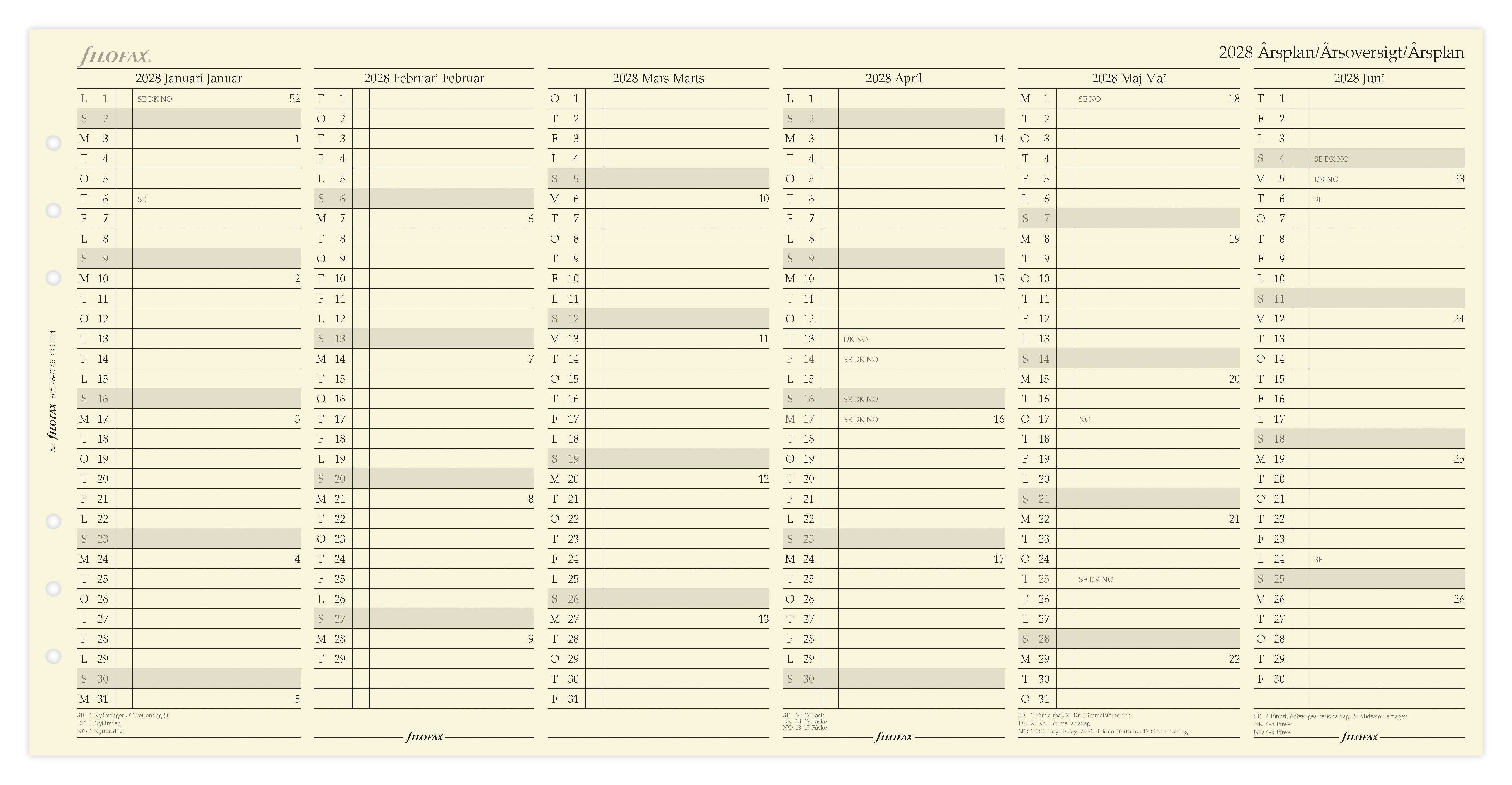 Filofax - Årsoversigt A5 2028 Svensk/Dansk/Norsk