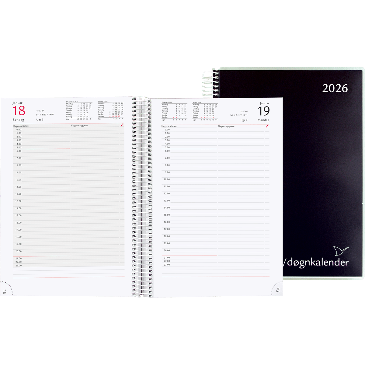Time/døgnkalender 2026, sort